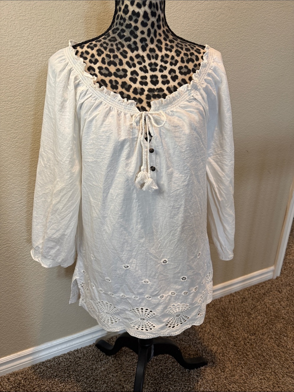 Jones New York White Eyelet Peasant Tunic with Tassel Tie